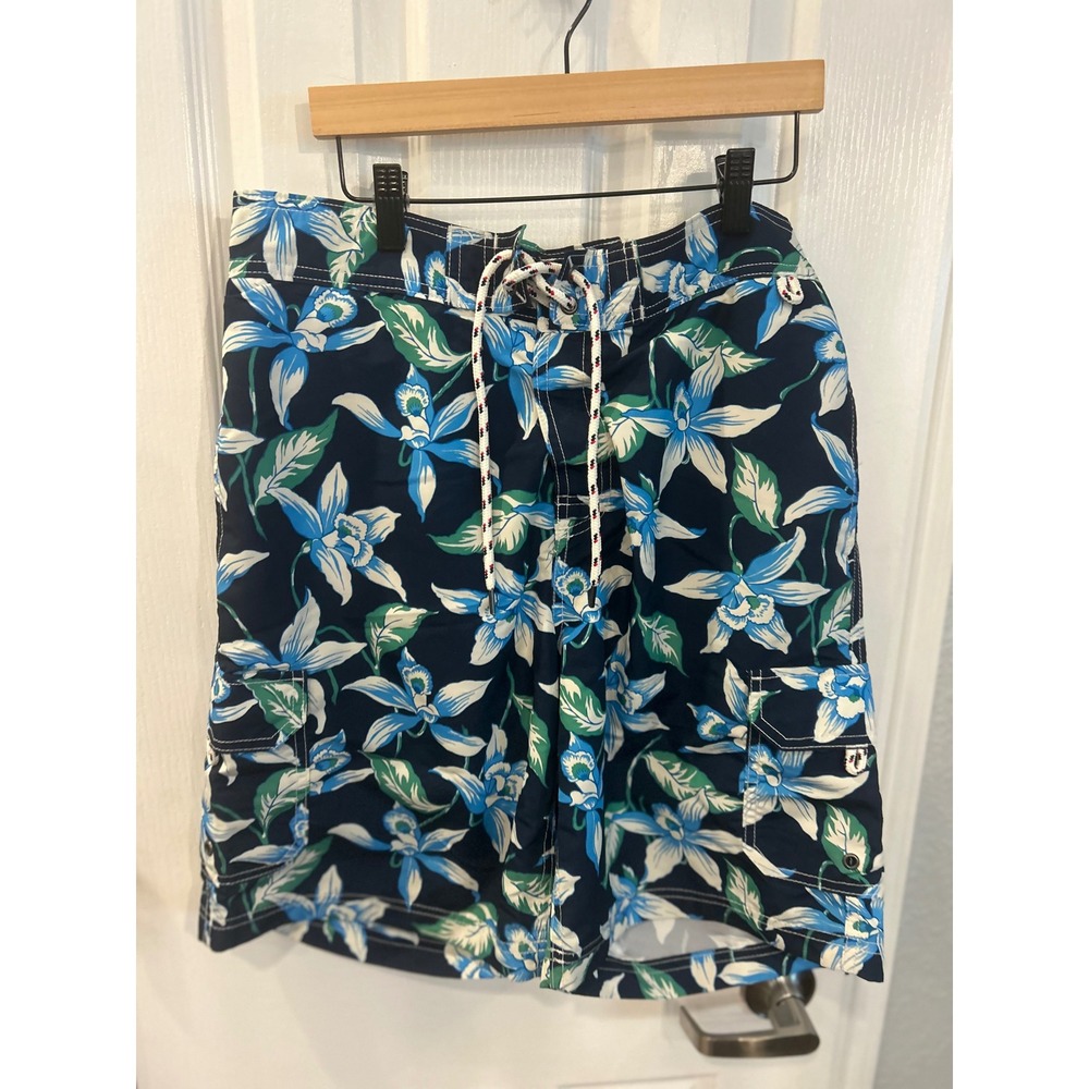 Lands' End Board Shorts Navy Blue Floral Cargo Swim Trunks Mens M 32-34